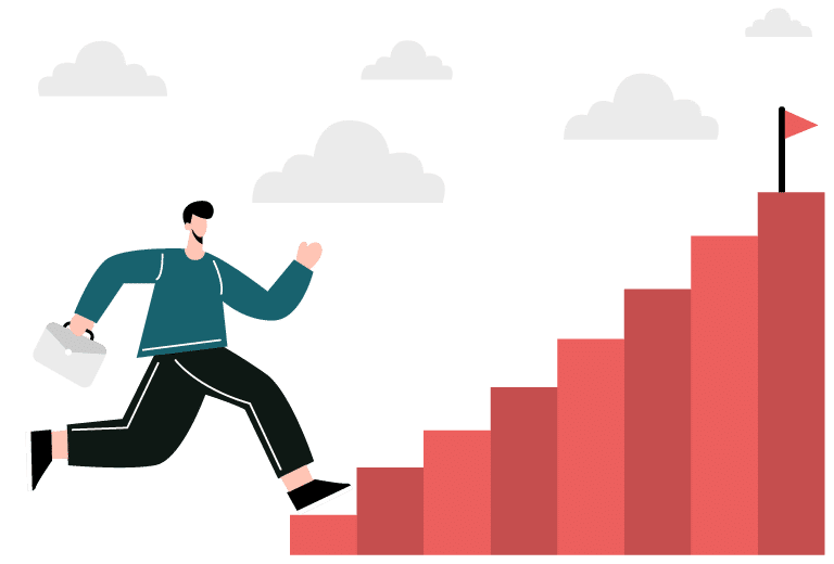 Finalistas Prêmios à Inovação Social Ilustração de um homem com maleta subindo escadas vermelhas em direção a uma bandeira no topo, representando progresso e superação de desafios por meio da inovação social.
